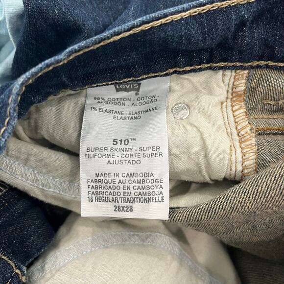 Vintage 2001 Y2K Levi's 510 Young Men's Super Skinny 16 Reg 28x28 Denim Jeans - Picture 7 of 7